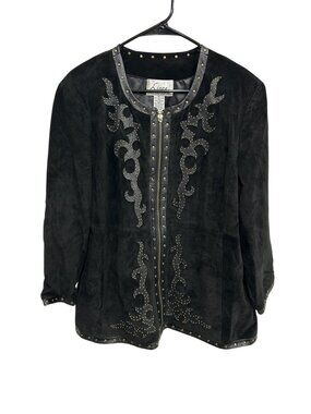 LINEA by Louis Dell'Olio Jacket XL Black Suede Leather Full Zip Gold Studs
